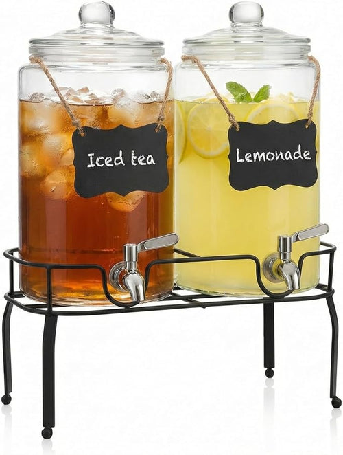1 Gallon Glass Drink Dispenser Set of 2, Drink Dispensers by Edycur
