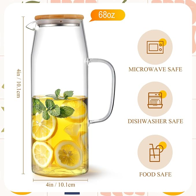 Hsei 2 Sets Glass Pitcher with Lid, 67.6 oz / 2000 ml Water Carafe with Handles - Image 2