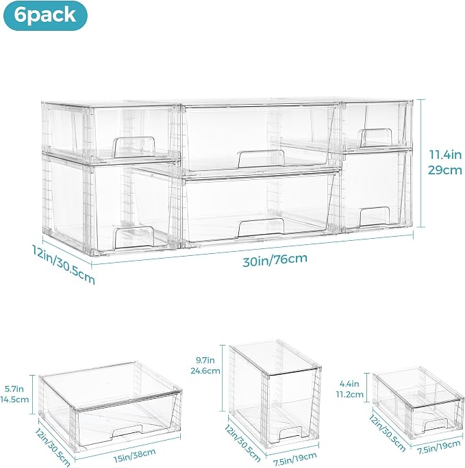 Vtopmart 6 Pack Clear Stackable Storage Drawers, Plastic Drawers - Image 2