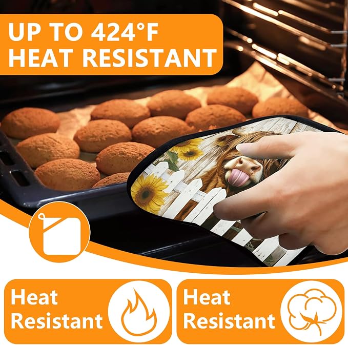 Sunflower Highland Cow Oven Mitts and Pot Holders Sets 4Pcs, Extra Long Oven - Image 4