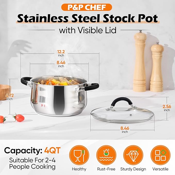 P&P CHEF Stainless Steel Stock Pot, 4 Qt Cooking Soup Pot - Image 2