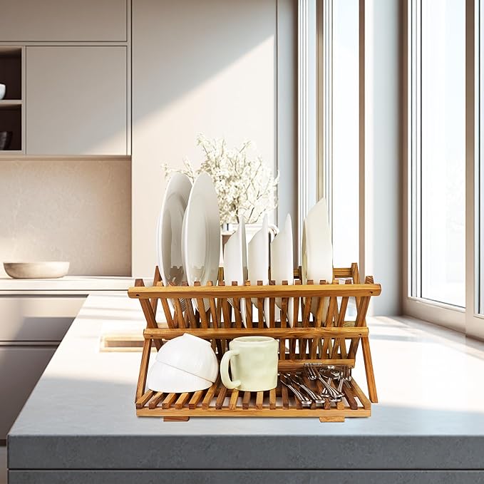 Utoplike 3 Tier Collapsible Teak Wood Dish Drying Rack, Foldable Large Capacity - Image 5