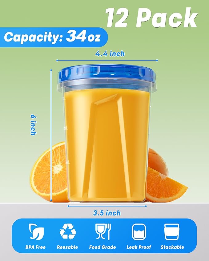 BiuLeon 12 Pack-34oz Freezer Storage Containers, Plastic Food Storage Containers - Image 2