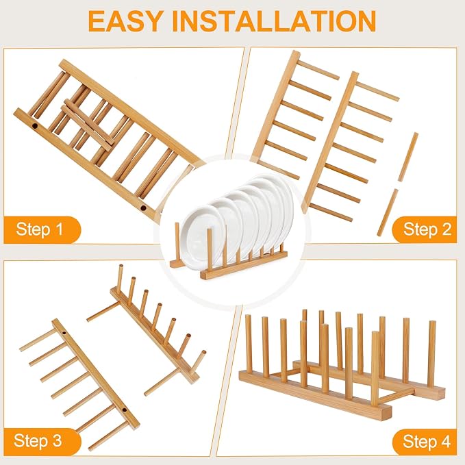 SAMEBUTECO Bamboo Wooden Dish Racks Plate Stand Holder Vertical Drainer Kitchen - Image 3