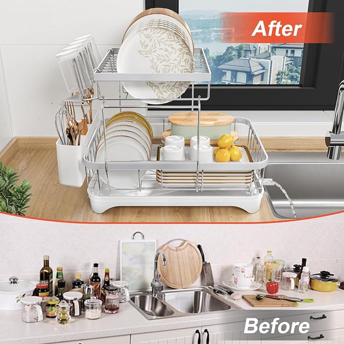 Dish Drying Rack for Kitchen Counter, 2-Tier 304 Stainless Steel Dish Rack - Image 6