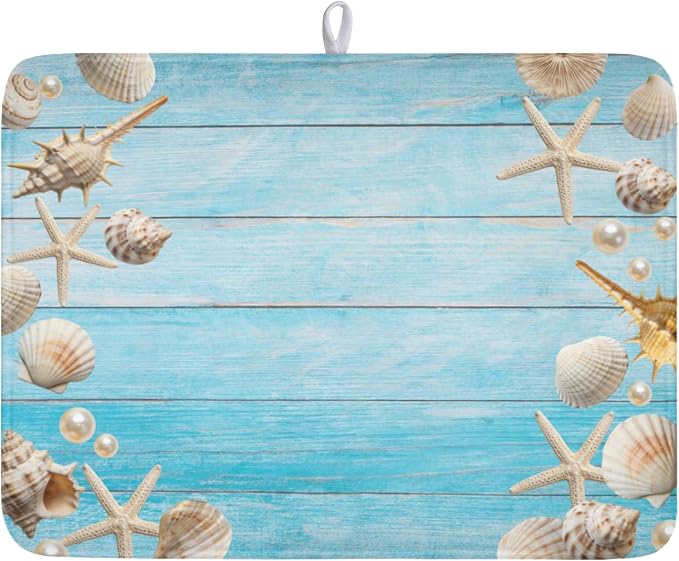 Summer Coastal Dish Drying Mat for Kitchen Counter Seashell Starfish Blue by Unknown