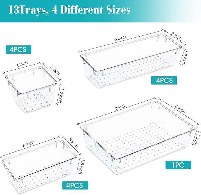 StorMiracle 13 PCS Clear Plastic Drawer Organizers Set, 4 Size Desk Drawer - Image 2