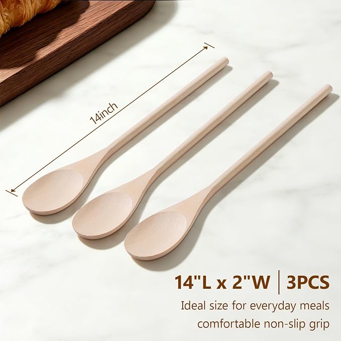 Cooking Wooden Spoons, MORGLES 14-Inch Serving Spoons - Image 2