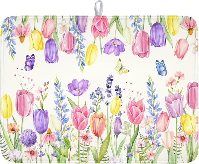 Spring Floral Dish Drying Mat for Kitchen Counter Easter Tulip Lavender Flower by Unknown