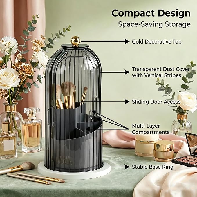 Makeup Brush Holder with Lid 360° Rotating 3-Compartment Makeup Organizers - Image 3