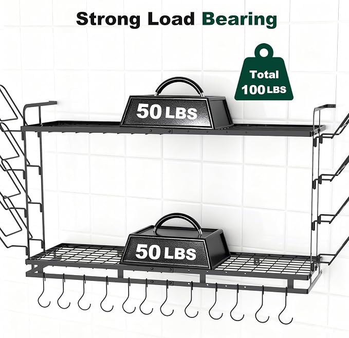 Housolution Pot Rack Wall Mounted, 3 Level Height Adjustable, 2 Tier Heavy Duty - Image 7