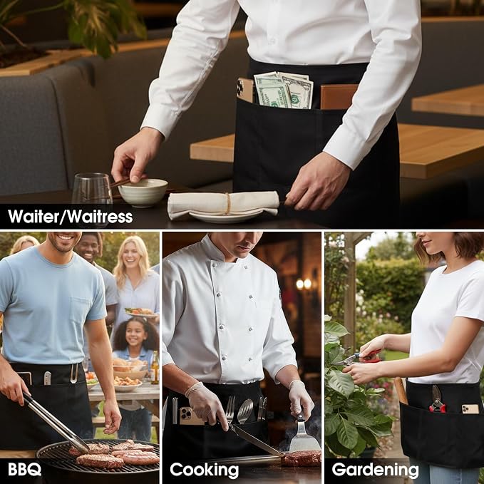 BOHARERS 3 Pockets Waitress Apron 12 Pack Cotton Server Apron Black Half Aprons - Image 6