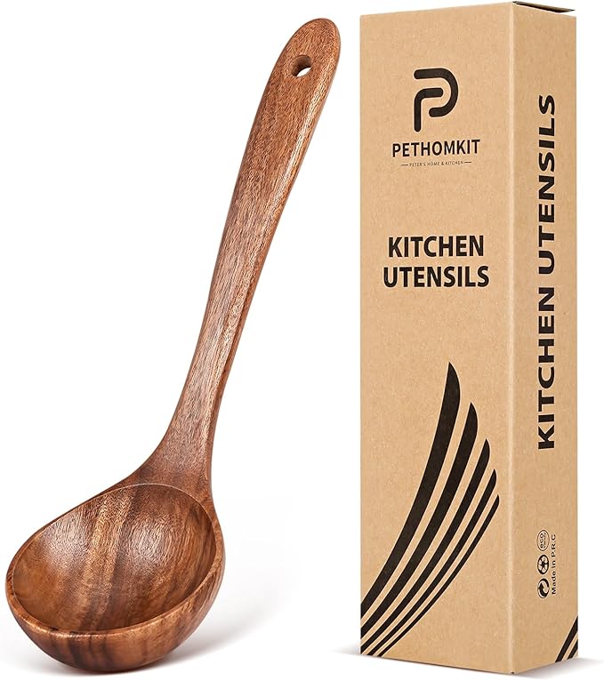 Wooden Soup Spoon for Cooking, Teak Acacia Soup Ladle, Non-Toxic Natural Wood by PETERSHOMEANDKITCHEN