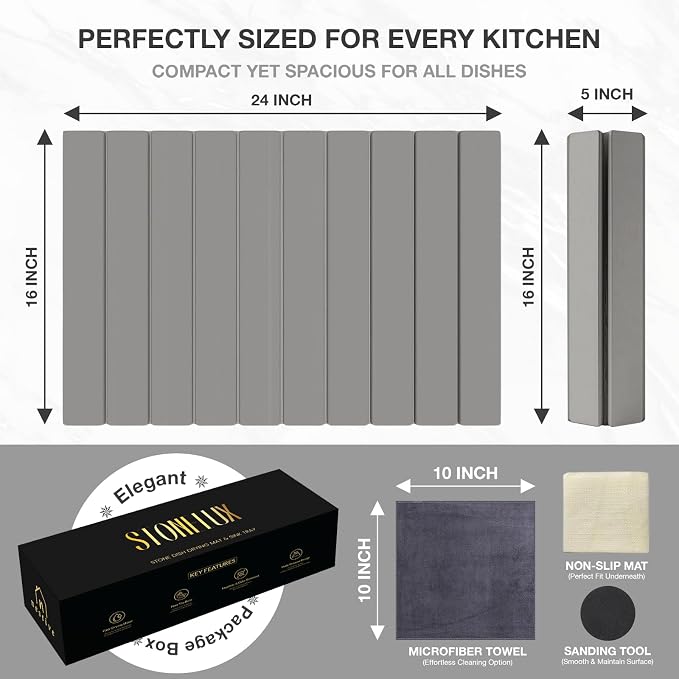 Large Stone Drying Mat for Kitchen Counter | 24"x16" | Fast Drying Collapsible - Image 3