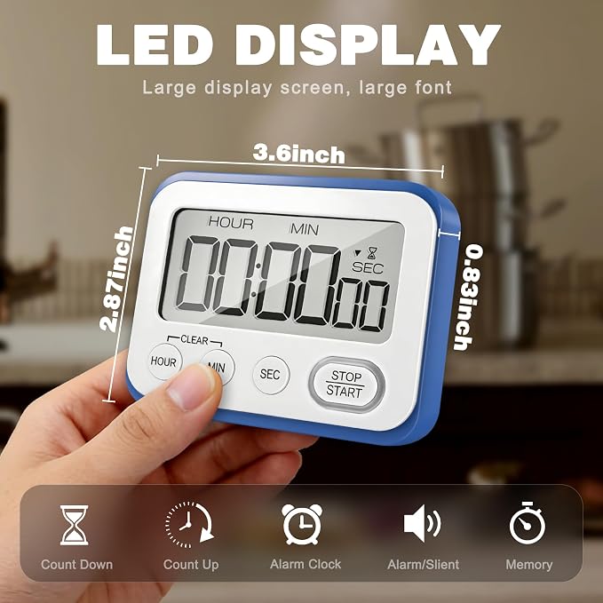 Digital Kitchen Timer Magnetic Loud Alarm, Large LCD Screen Silent/Beeping - Image 6