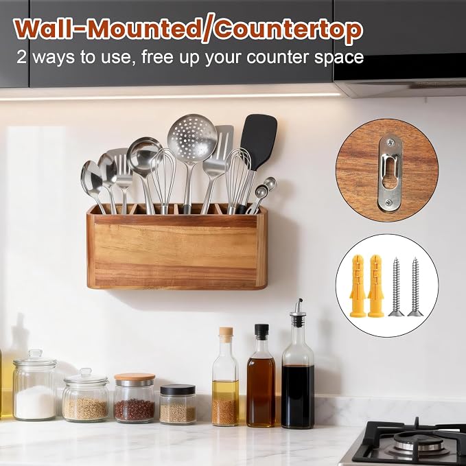 Kitchen Utensil Holder for Counter or Countertop, Large Wooden Utensil Holder - Image 4