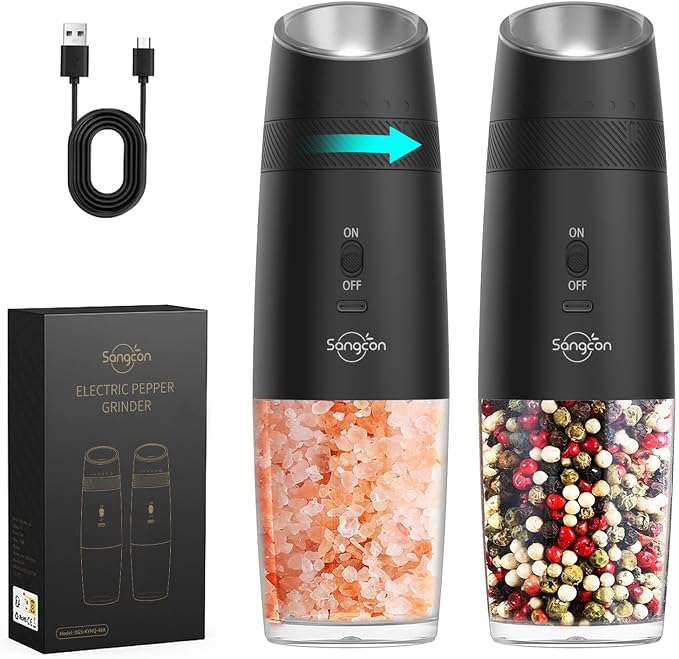 Sangcon Gravity Electric Salt and Pepper Grinder Set RECHARGEABLE Automatic by Sangcon