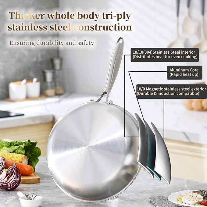 DELARLO Tri-Ply Stainless Steel Pan, 18/10 Frying Pan, Oven Safe Up to 600°F - Image 2