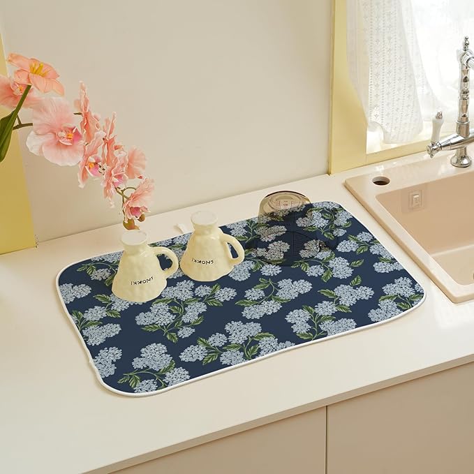 Navy Blue Dish Drying Mat 18x24 Inch Blue Green Vintage Floral Hydrangea Flower - Image 6