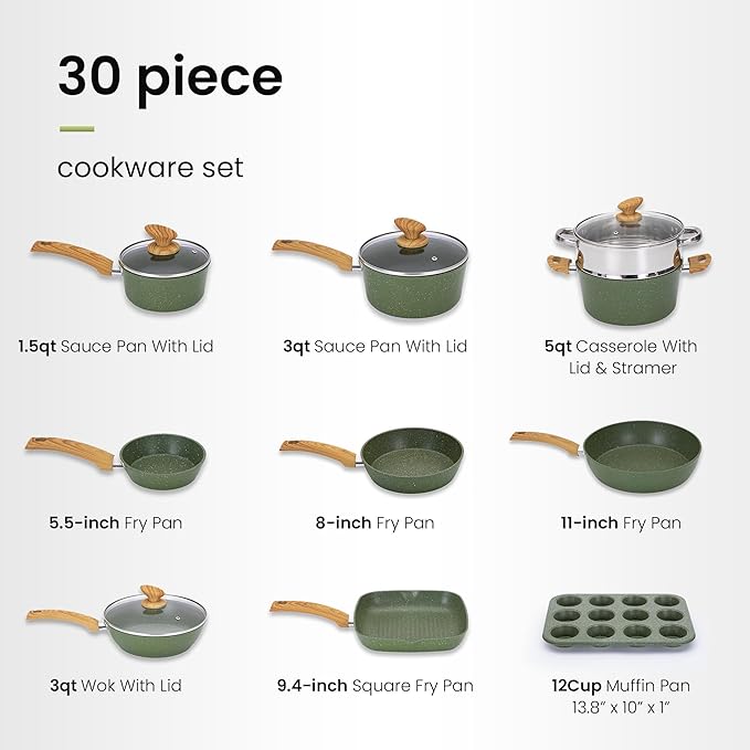 DishDelight Green Pots and Pans Set Non Stick, 30 Piece Induction Kitchen - Image 7