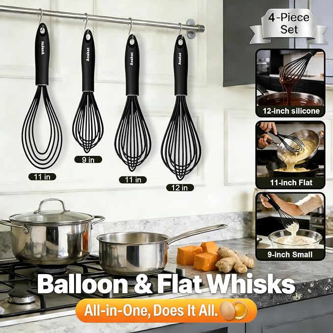 Anaeat Silicone Kitchen Whisk Set of 4, Egg Beater Milk ​Blender - Image 7