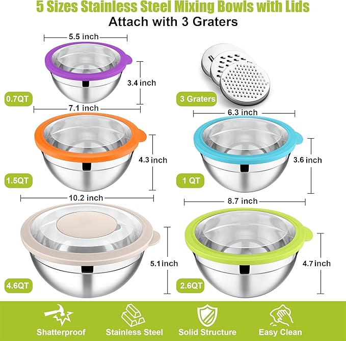 E-far Mixing Bowls with Lids Set of 5, Stainless Steel Salad Mixing Bowl with - Image 5