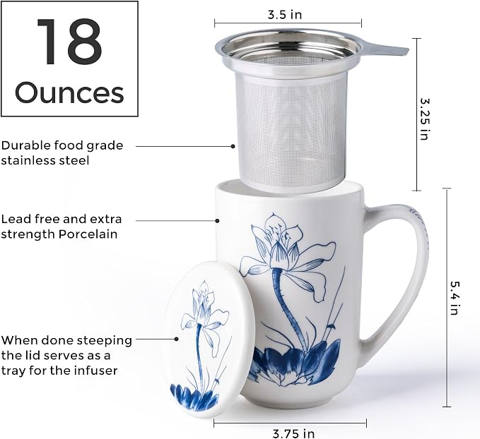 AmorArc Porcelain Tea Mug with Infuser and Lids, 18 Oz Large Cup Strainer with - Image 3