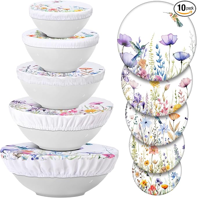 Patelai 10 Pcs Bowl Covers Reusable in 5 Size Stretch Cloth Fabric Elastic Food by Patelai