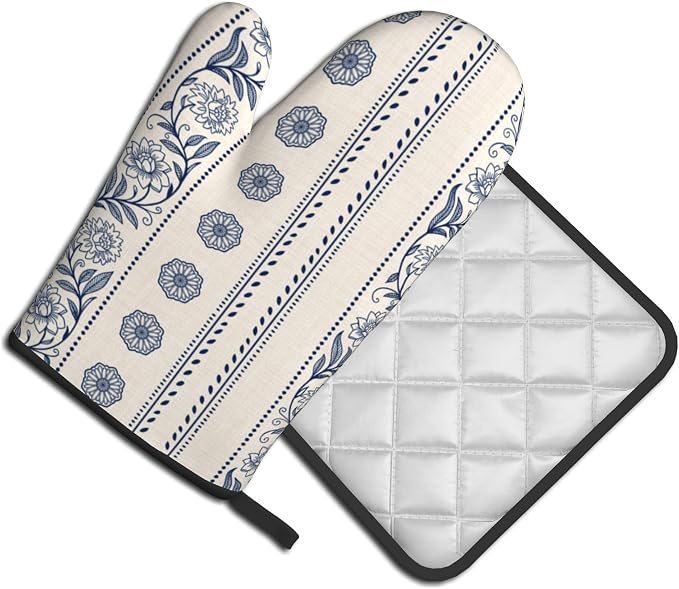 Boho Oven Mitts Set – Vintage Floral Pot Holders Kitchen Gloves - Image 2
