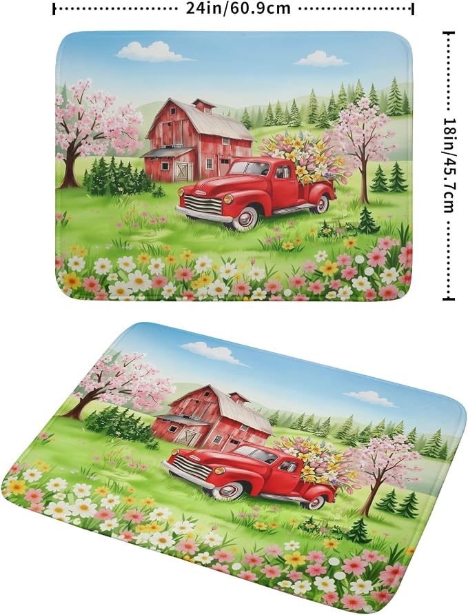 Spring Dish Drying Mat for Kitchen Counter Red Truck Flowers Microfiber - Image 2