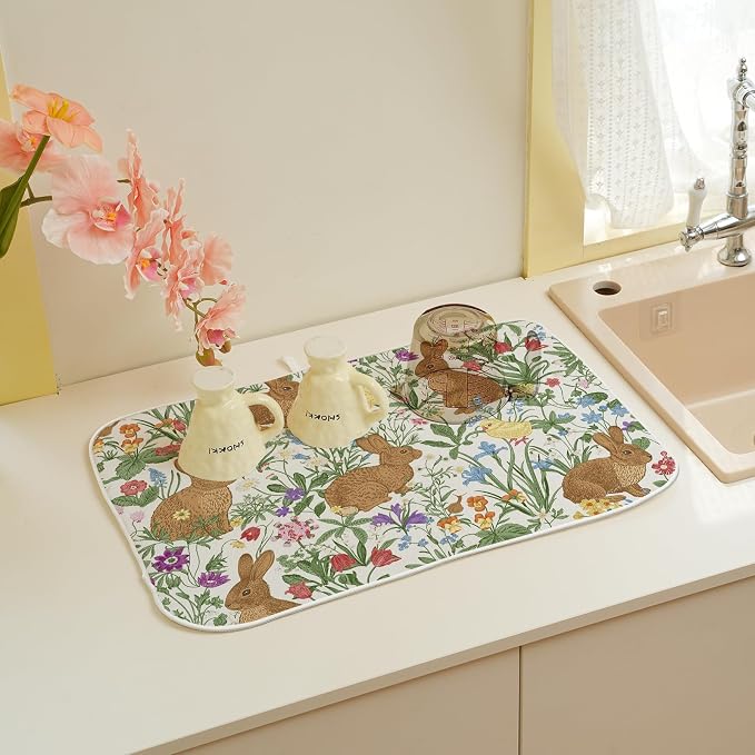 Spring Dish Drying Mat 18x24 Inch Easter Rabbit Bunny Floral Drying Mat Sage - Image 6