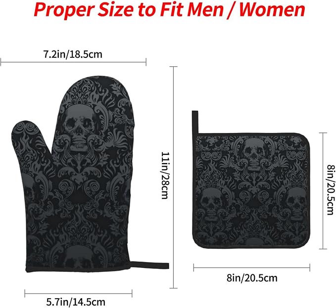 Victorian Gothic Black Skull Damask Oven Mitts and Pot Holders Sets of 4 - Image 3