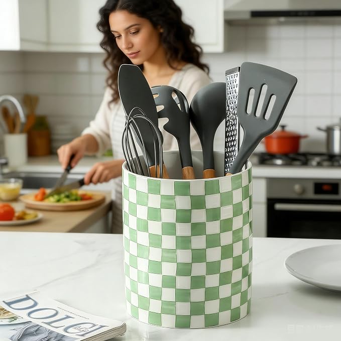 7" Ceramic Hand painted Utensil Holder, Large Kitchen Utensil Holder Organizer - Image 7