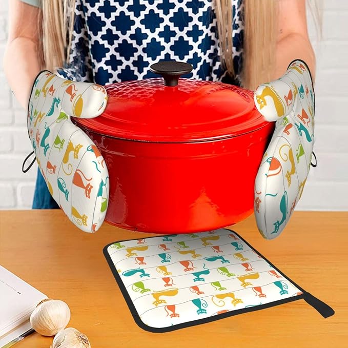 Mid Century Modern Cats Oven Mitts and Pot Holders Set Heat Resistant Cute Oven - Image 7