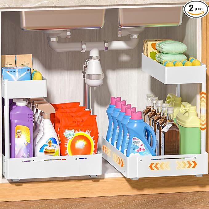 YJHome 2 Pack Expandable Under Sink Organizer, 2 Tier Pull Out Cabinet Organizer by YJHome