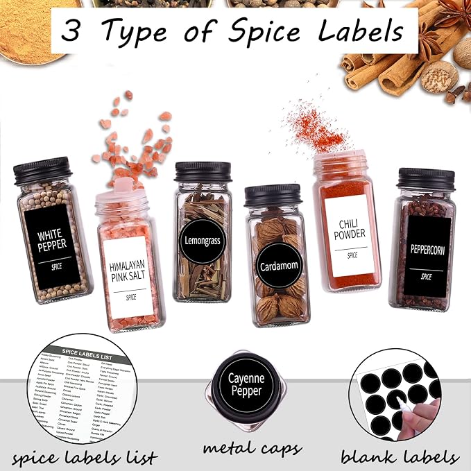 Churboro 25 Spice Jars with 547 Labels- Glass Spice Jars with Black Metal Caps - Image 2