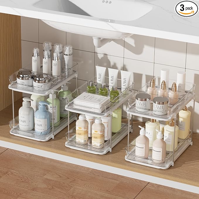 Delamu 3 Pack 2-Tier Bathroom Under Sink Organizers and Storage, Pull Out Clear by DELAMU