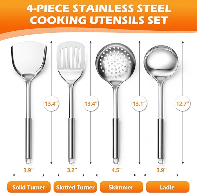 E-far Stainless Steel Cooking Utensils, 4-Piece Heat Resistant Kitchen Utensils - Image 2
