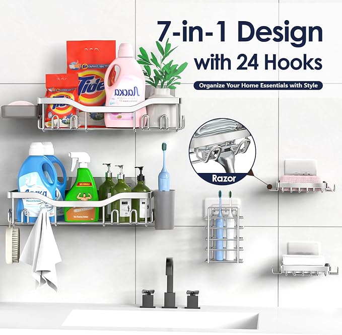 NESOMI Shower Caddy Adhesive Shower Organizer 7-Pack, Rustproof Stainless Steel - Image 4
