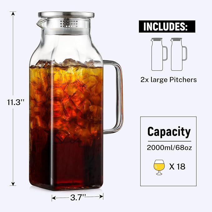 Netany 4 Pack 2 Liters/68 oz Square Glass Pitcher - Image 2