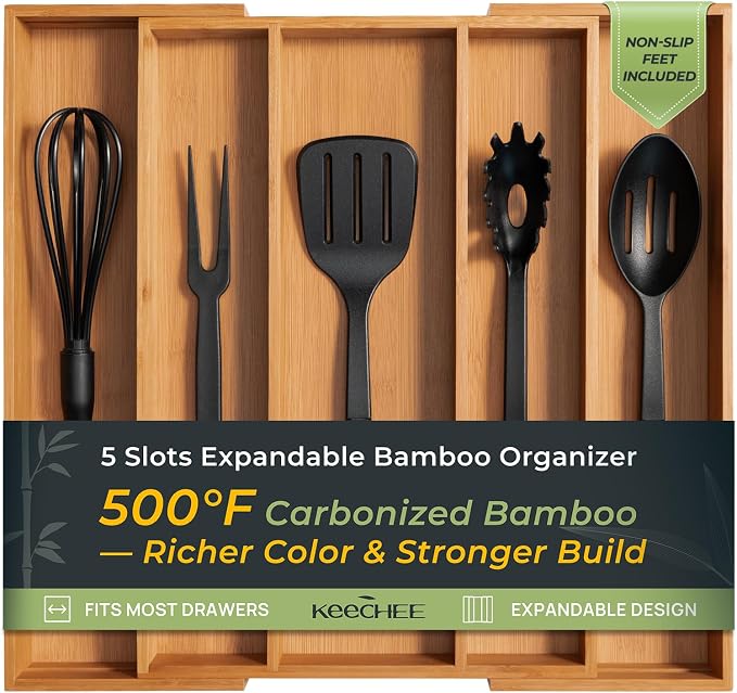 Carbonized Bamboo Kitchen Drawer Organizer, 5 Slots Expandable Silverware by Keechee