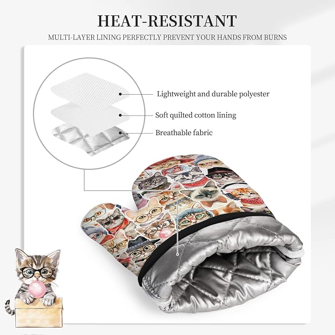 Cute Cat Oven Mitts and Pot Holders Sets 3PCS, Cat Silicone Heat Resistant Oven - Image 5