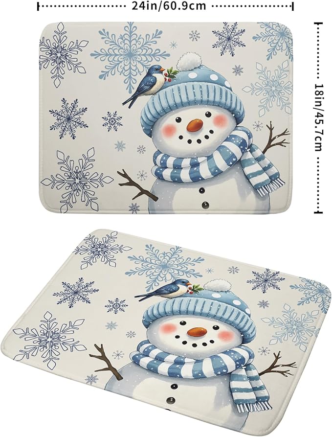 Winter Snowman Dish Drying Mat for Kitchen Counter 18x24 Blue Snowflake Bird - Image 2