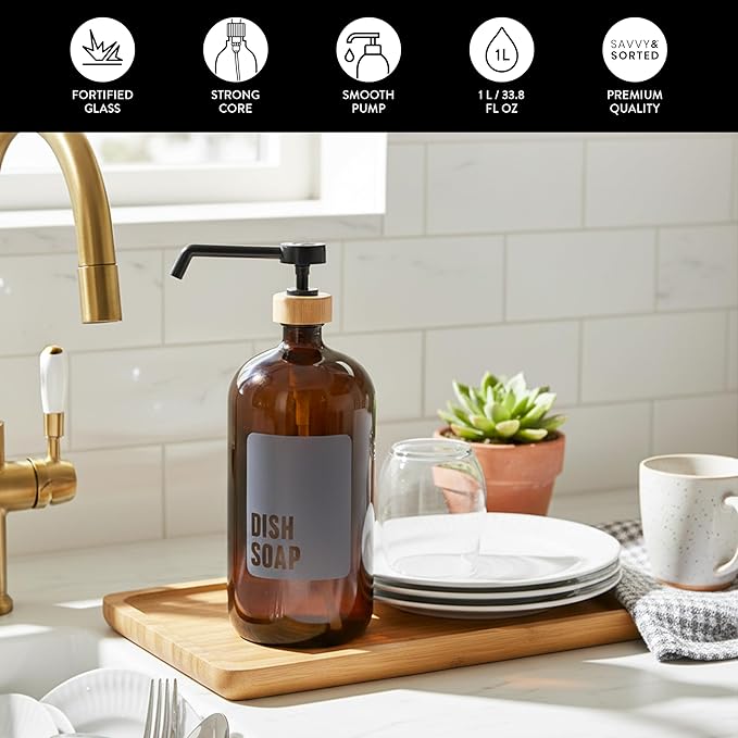 SAVVY & SORTED Amber Glass Dish Soap Dispenser - Image 5