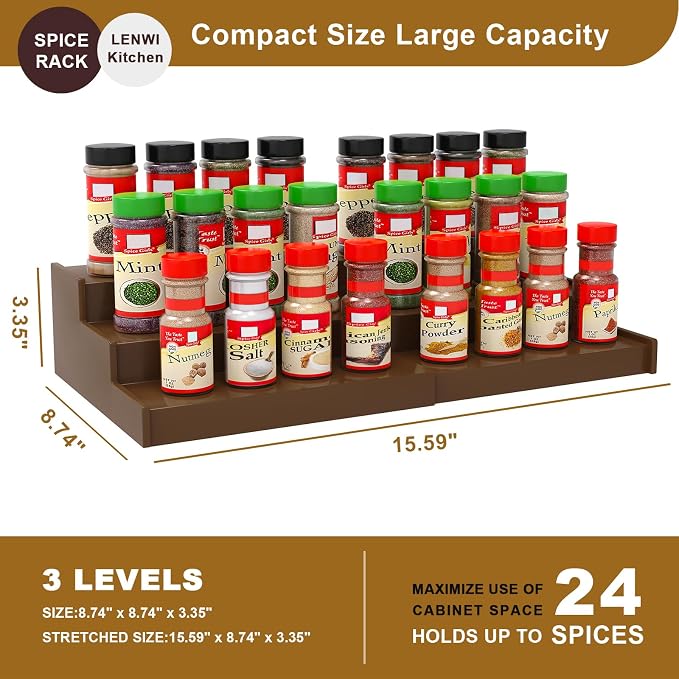 Lenwi Spice Rack Organizer for Cabinet, 3 Tier Expandable Bamboo Spice Storage - Image 5