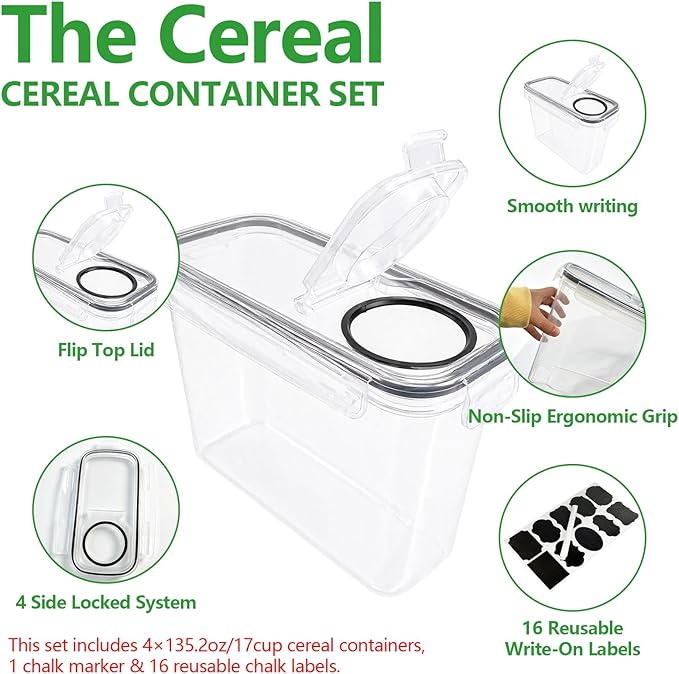 4 Pack 4L/135oz Cereal Storage Containers, Airtight BPA Free Plastic Cereal - Image 3
