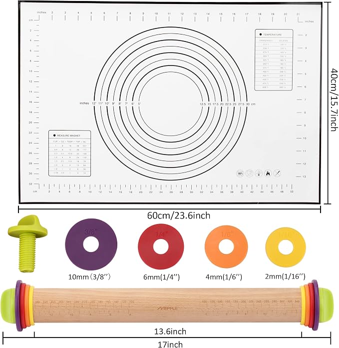 Rolling Pin with Thickness Rings and Pastry Baking Mat, 13.6" Adjustable Wooden - Image 7