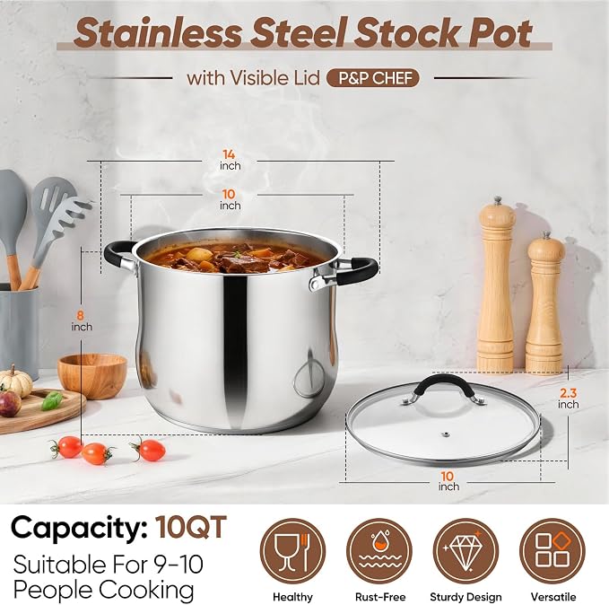 P&P CHEF 9.5" Stainless Steel Large Stock Pot - Image 2