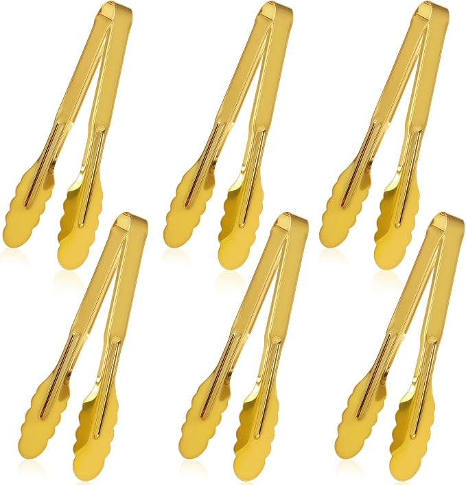 6 Pack Stainless Steel Serving Tongs, 9 Inch Gold Salad Tongs Serving Utensils by JCREN