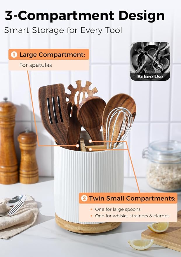 LoeJan 7.5" Utensil Holder, 3 Compartment Ceramic Kitchen Utensil Holder - Image 3